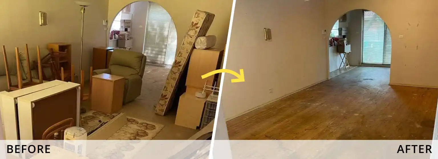 household-rubbish-removal-nsw-05 Before and after household rubbish removal clearing old recliner mattress cardboard boxes and furniture leaving clean open timber floor living room