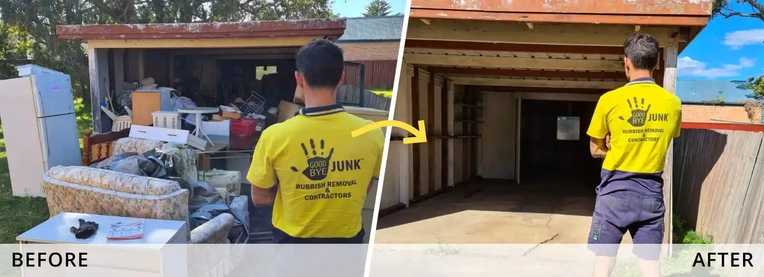 household-rubbish-removal-nsw-06 Before and after household rubbish removal service showing Goodbye Junk contractor removing accumulated furniture whitegoods and clutter